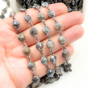 Coated Labradorite Round Shape Bezel Oxidized Wire Chain.